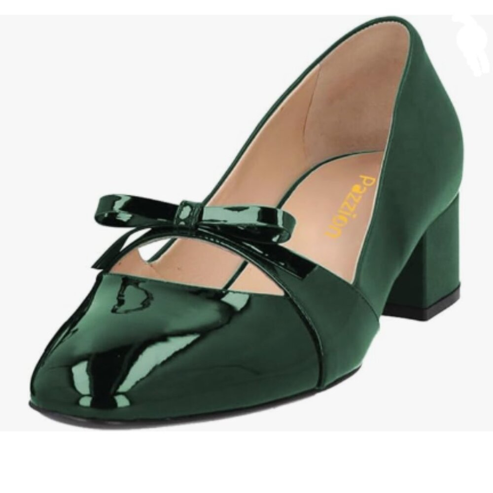 Pazzion Green Round Toe Slip On Pumps Glossy Bows Low Heel Shoes for Daily Party
